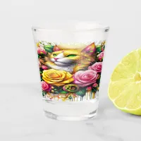 Feline Amidst a Vibrant Floral Bloom Shot Glass