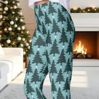 Blue Christmas Tree Star Pattern Holiday Leggings