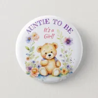 Teddy Bear Girl's Baby Shower Auntie to Be Button