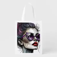 Pretty Woman in Sunglasses and Purple Lipstick Grocery Bag