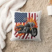 Flamed bike by American flag Throw Pillow