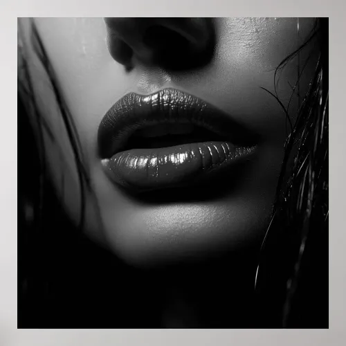 Close up of a woman's parted lips B&W photo Poster