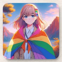 Anime Girl with LGBTQIA+ Cape  Beverage Coaster