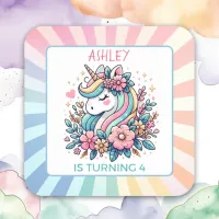 Cute Pink Unicorn themed Girl's Birthday  Square Sticker