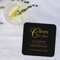 Cheers to Love Minimal Black & Gold Script Wedding Square Paper Coaster