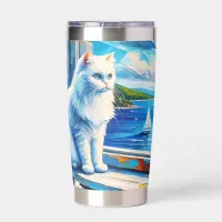 White Cat in Window sill Looking out at the Ocean Insulated Tumbler