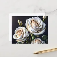 Gorgeous white roses with golden details holiday postcard