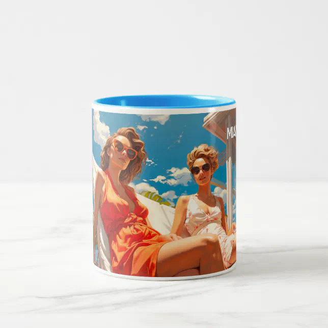 Pair of ladies on a Miami sun deck Two-Tone Coffee Mug