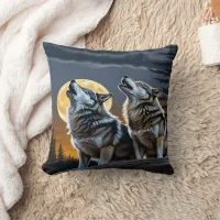 Wolves Howling Under a Full Moon at Twilight Throw Pillow