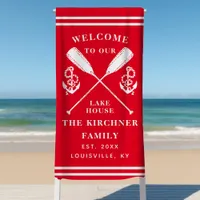 Welcome To Our Lake House Family Monogram Red Beach Towel