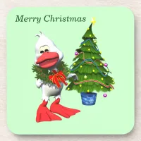 Cute White Christmas Duck Wearing a Wreath Beverage Coaster