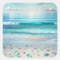 Pretty Blue Ocean Waves and Sea Glass  Square Sticker