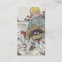 Adorable Vintage Girl with Chickens, Text on Back Business Card