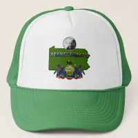 Pennsylvania Map, Quarter, Flag and Picture Text Trucker Hat