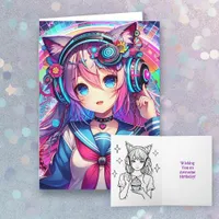 Glitchcore Colorful Anime Girl Birthday Coloring  Card