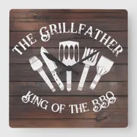 Rustic "The Grillfather: Funny BBQ Gift Square Wall Clock