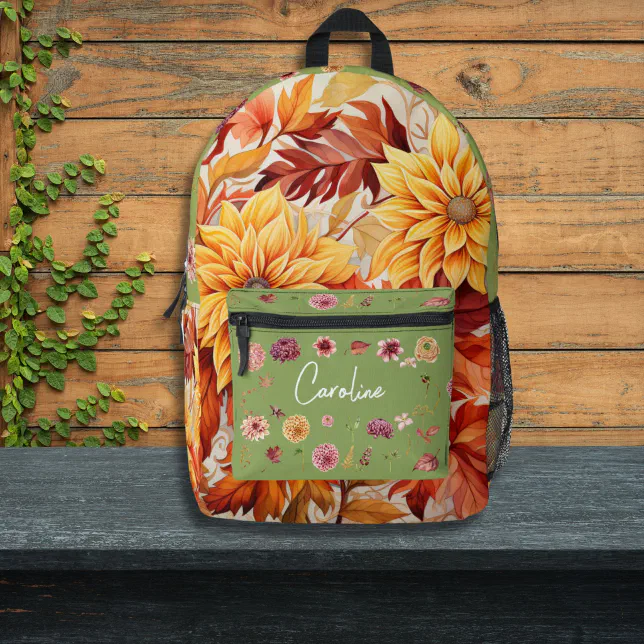 Custom Name Watercolor Fall Floral Back to School Printed Backpack