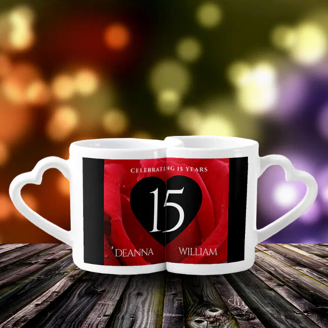 Elegant 15th Rose Wedding Anniversary Celebration Coffee Mug Set