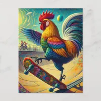 Colorful Rooster Skateboarding Postcard