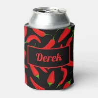 Red Chilli Peppers on Black Fiery Hot Custom Can Cooler