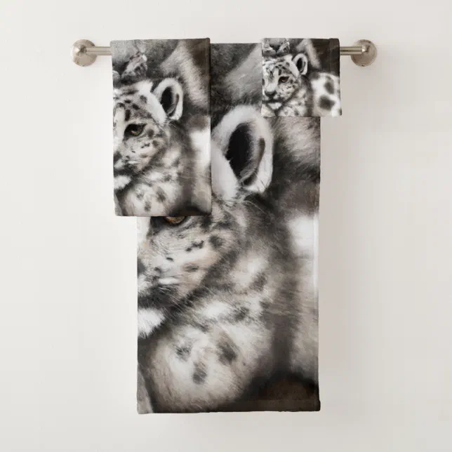 Mother Snow Leopard and Cub in the Mountains Bath Towel Set