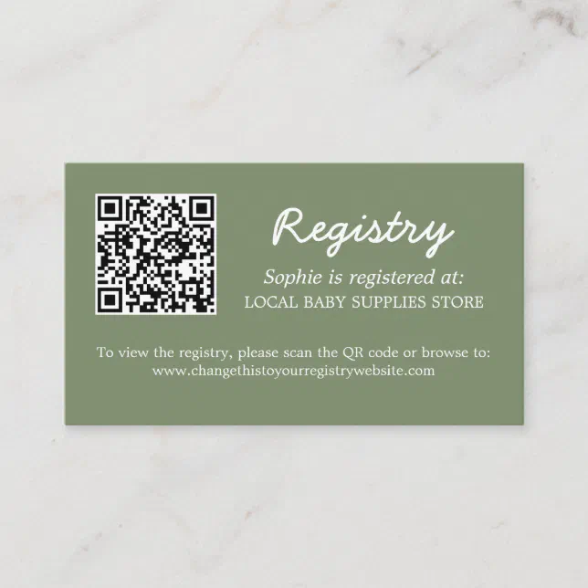 Baby Shower Registry QR Code Sage Green Enclosure Card