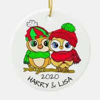 Personalized Lovebirds Owls Christmas Ceramic Ornament