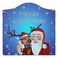 Watercolor Magical Santa Claus Smiling Rudolph Door Sign