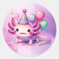 Happy Birthday Pink and Purple Axolotl  Classic Round Sticker