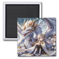 Anime Girl and White and Gold Dragon  Magnet