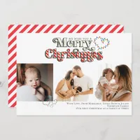 Merry Christmas Fun Candy Cane 3 Photo Red & White Holiday Card