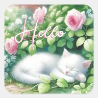 Hello | Sweet White Kitten Napping Square Sticker