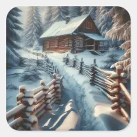 Winter Log Cabin on a Snowy Day Christmas Square Sticker