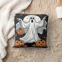 Ghost haunting pumpkins on Halloween Throw Pillow