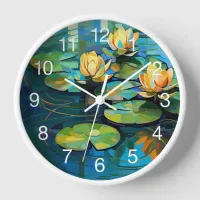 Water lilies and lotus flowers watercolor painting clock