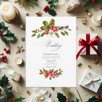 Christmas Holly and Ivy with Red Roses Wedding Invitation