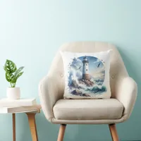 Modern Coastal Beach Lighthouse Throw Pillow