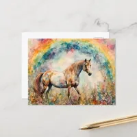 Pinto Mustang under a Rainbow Wildflower Meadow Postcard