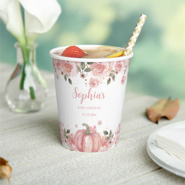 Pink Pumpkin Floral Girl Baby Shower Paper cup