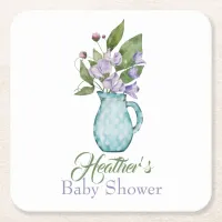 Watercolor Purple Sweet Pea Flowers Baby Shower Square Paper Coaster