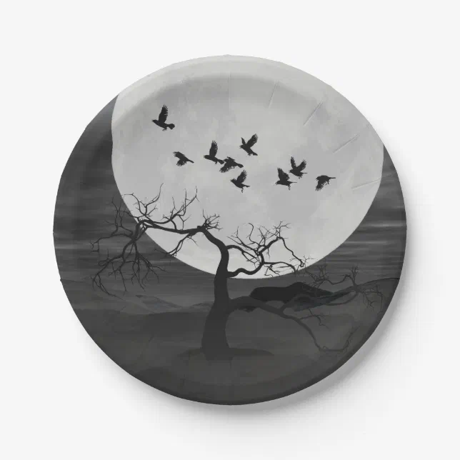Spooky Ravens Flying Against the Full Moon Paper Plates