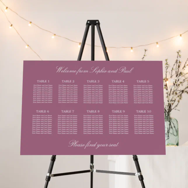 Mauve 10 Table Wedding Seating Chart Foam Board