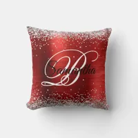 Faux Shiny Silver Glitter Red Foil Monogram Throw Pillow