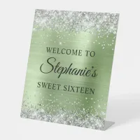 Silver Glitter Mint Green Foil 16th Birthday Pedestal Sign