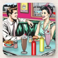 Retro 1950's Couple at Diner Beverage Coaster