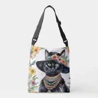 Floral Feline with Hat  Crossbody Bag