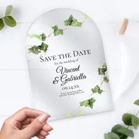 Green Ivy Vine Watercolor Wedding Save the Date Acrylic Invitations