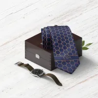 Modern Navy Blue Rose Gold Foil Geometric Monogram Neck Tie