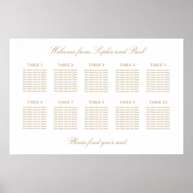 White Golden Beige 10 Table Wedding Seating Chart