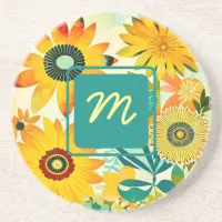 Pretty Folk Art Flowers Monogrammed Coaster